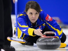 Alberta skip Casey Scheidegger throws the stone while taking on Newfoundland at the Scotties Tournament of Hearts in Penticton, B.C., on Jan. 29, 2018.