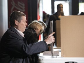 Toronto Mayor John Tory casts his ballot in the city's municipal election in Toronto on Monday, October 22 , 2018. THE CANADIAN PRESS/Chris Young