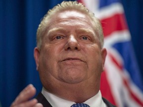 Ontario Premier Doug Ford speaks during a media event in Saskatoon, Thursday, October 4, 2018.