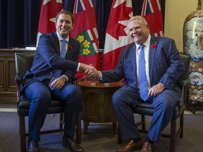 Conservative Party of Canada leader and Official Opposition leader Andrew Scheer (left), visits Ontario Premier Doug Ford at Queen's Park in Toronto, Ont. on Tuesday October 30, 2018. Ernest Doroszuk/Toronto Sun/Postmedia