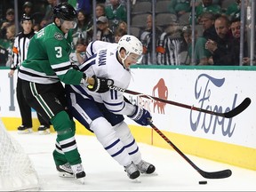 DALLAS, TX - OCTOBER 09:  Zach Hyman #11 of the Toronto Maple Leafs skates the puck against John Klingberg #3 of the Dallas Stars in the second period at American Airlines Center on October 9, 2018 in Dallas, Texas.  (Photo by Ronald Martinez/Getty Images)