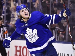 Toronto Maple Leafs centre William Nylander (29) celebrates his goal against the Boston Bruins during second period NHL round one playoff hockey action in Toronto on April 23, 2018.