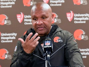 Hue Jackson meets with reporters after a Cleveland Browns game against the Pittsburgh Steelers in Pittsburgh, Sunday, Oct. 28, 2018.