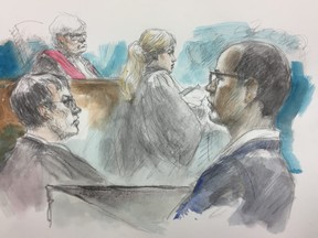 Justice B. O’Marra presides as defence lawyers Dirk Derkstine
and Stephanie DiGiuseppe argue on Monday that Christopher Husbands, right, shouldn't be held criminally responsible for gunning down Nixon Nirmalendran and Ahmed Hassan at the Eaton Centre  in 2012. (Pam Davies sketch)