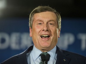 Toronto mayor John Tory celebrates his election victory at the Sheraton Centre Toronto hotel in Toronto, Ont.  in Toronto, Ont. on Monday October 22, 2018. Ernest Doroszuk/Toronto Sun/Postmedia