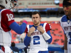 Montreal Alouettes quarterback Johnny Manziel (2) is seen during the pre-game to CFL football action against the Toronto Argonauts, in Toronto on Saturday, Oct. 20, 2018. THE CANADIAN PRESS/Cole Burston ORG XMIT: CLB122
