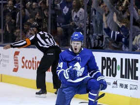 Maple Leafs winger Kasperi Kapanen celebrates one of his two goals against the Los Angeles Kings on Monday night at Scotiabank Arena. (Veronica Henri/Toronto Sun)