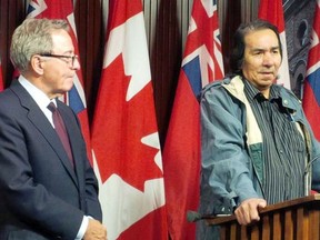 Former Treaty 3 Grand Chief Steve Fobister Sr. speaks next to Aboriginal Affairs Minister David Zimmer after demanding that changes be made to help those in Grassy Narrows affected by mercury poisoning.