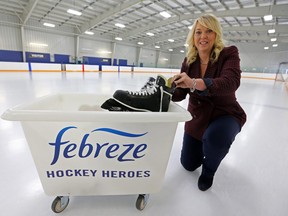 Kelly McDavid. mom of Edmonton Oilers centre Connor McDavid, kicks off the Febreze-Skate To Great hockey drive, collecting gently-used skates for kids in need. (Dave Abel/Toronto Sun)