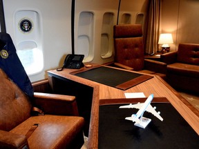The president’s office on Air Force One has seat belts on the chairs. MUST CREDIT: Ann Cameron Siegal