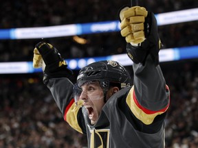 Vegas Golden Knights' David Perron celebrates his goal during the second period of Game 5 of the Stanley Cup final against the Washington Capitals on Thursday, June 7, 2018, in Las Vegas. (AP/PHOTO)