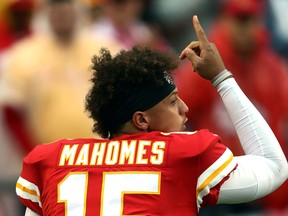 Patrick Mahomes of the Kansas City Chiefs reacts after scoring a touchdown against the Jacksonville Jaguars at Arrowhead Stadium on October 7, 2018 in Kansas City. (Jamie Squire/Getty Images)