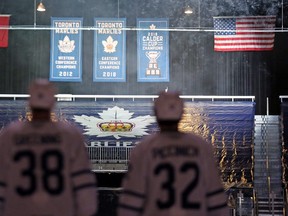 The 2018 Calder Cup banner is unveiled during opening ceremonies as the Toronto Marlies take on the Cleveland Monsters in their home opener at the Coca-Cola Coliseum in Toronto on Monday October 8, 2018. Dave Abel/Toronto Sun