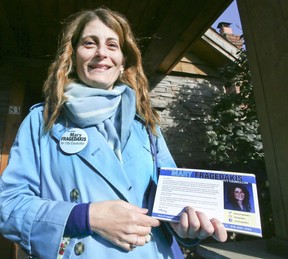 Mary Fragedakis campaigning for city councillor on Tuesday, Oct. 16, 2018. (Veronica Henri/Toronto Sun/Postmedia Network)