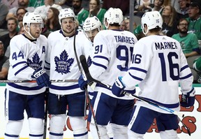 From left: Leafs Morgan Rielly, Auston Matthews, Nazem Kadri, John Tavares and Mitchell Marner celebrate Matthews second goal of the game versus Dallas on Tuesday night. GETTY IMAGES
