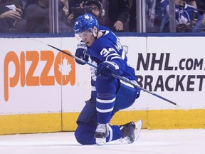 Toronto Maple Leafs' Auston Matthews celebrates his goal against the Montreal Canadiens during first period NHL hockey action in Toronto, on Saturday, April 7, 2018. Matthews has the top-selling jersey in the NHL, according to the league's website.THE CANADIAN PRESS/Chris Young ORG XMIT: CPT116