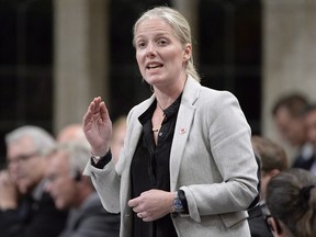 Environment and Climate Change Minister Catherine McKenna rises during question period in the House of Commons on Parliament Hill, in Ottawa on October 4, 2018. (THE CANADIAN PRESS/Adrian Wyld)