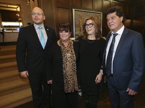 The Canadian Mesothelioma Foundation held its annual fundraiser Sunday at Sunnybrook Hospital to help combat the asbestos-related cancer. From left, Adam Melnick, Director of Government and Community Relations, Gina Godfrey, honorary chair of the fundraiser called Enlightenment, Dr. Eudice Goldberg, chair of the board of Canadian Mesothelioma Foundation, and Jerry Dias, UNIFOR president. (Jack Boland/Toronto Sun)