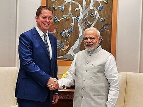 Federal Conservative leader Andrew Scheer meets with India's Prime Minister Shri Narendra Modi in October 2018.