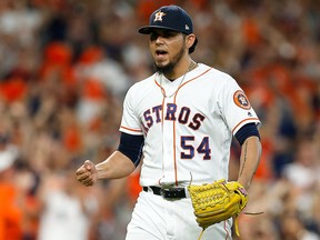 Roberto Osuna of the Houston Astros reacts after a strikeout against the Cleveland Indians during Game 2  of the American League Division Series at Minute Maid Park on October 6, 2018 in Houston. (Bob Levey/Getty Images)