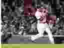 Steve Pearce of the Boston Red Sox grounds into a fielder's choice during the third inning against the Los Angeles Dodgers in Game 1 of the 2018 World Series at Fenway Park on Oct. 23, 2018 in Boston, Mass.  