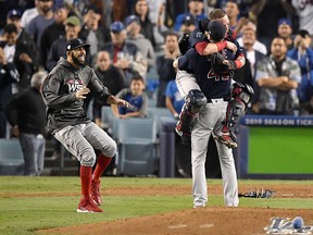 Christian Vazquez and Chris Sale and David Price  celebrates as the Boston Red Sox win Game 5 over the Los Angeles Dodgers to take the 2018 World Series at Dodger Stadium on Oct. 28, 2018 in Los Angeles.