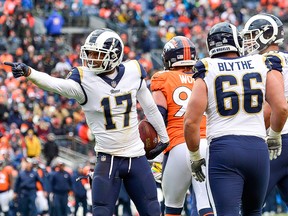 Wide receiver Robert Woods of the Los Angeles Rams celebrates a first down against the Denver Broncos on October 14, 2018 in Denver. (Dustin Bradford/Getty Images)