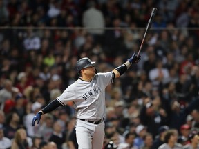 Yankees' Gary Sanchez watches his three-run home run during Game 2 of the ALDS against Boston at Fenway Park on Saturday night. (Getty Images)