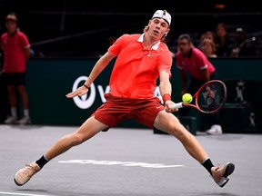 Denis Shapovalov of Canada plays a forehand against Richard Gasquet of France during Day 1 of the Rolex Paris Masters on Oct. 29, 2018 in Paris, France.