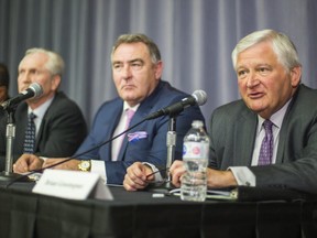 Brian Greenspan (right), counsel for the family of Barry and Honey Sherman, updates media on the investigation into their murders during a press conference at the Apotex office in Toronto, Ont. on Friday October 26, 2018. Greenspan is joined by several members of his investigative team. From left are - Brian Dalrymple, Ray Zarb, Mike David, and Tom Klatt. (Ernest Doroszuk/Toronto Sun/Postmedia )