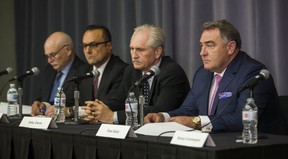 Brian Greenspan (not shown), counsel for the family of Barry and Honey Sherman, updates media on the investigation into their murders at the Apotex office in Toronto, Ont. on Friday October 26, 2018. Greenspan is joined by several members of his investigative team. From left are – Brian Dalrymple, Ray Zarb, Mike David, and Tom Klatt. (Ernest Doroszuk/Toronto Sun/Postmedia)