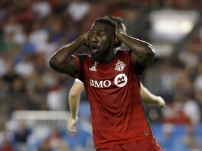 Toronto FC forward Jozy Altidore (17) reacts to an official's whistle during the second half of MLS soccer action against the Los Angeles Galaxy in Toronto, Saturday Sept. 15, 2018. THE CANADIAN PRESS/Cole Burston