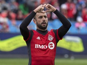 Toronto FC's Victor Vazquez celebrates scoring against the Chicago Fire during first half MLS soccer action in Toronto on Saturday, April 28, 2018.  THE CANADIAN PRESS/Chris Young