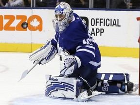 Toronto Maple Leafs goaltender Garret Sparks makes a save against the Los Angeles Kings Monday, October 15, 2018 at the Scotiabank Arena. (Veronica Henri/Toronto Sun)