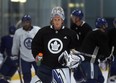 Maple Leafs goalie Garret Sparks skates to the net during practice at the Mastercard Centre in on Monday. (Dave Abel/Toronto Sun)