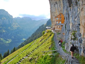 A humble guesthouse built into the vertical cliff side of Appenzell's Ebenalp summit once housed pilgrims who hiked up to pray. (Cameron Hewitt photo)