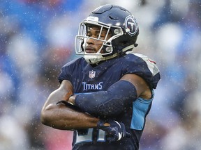 Kevin Byard of the Tennessee Titans celebrates an interception against the Baltimore Ravens during the second quarter at Nissan Stadium on Oct. 14, 2018 in Nashville, Tenn.