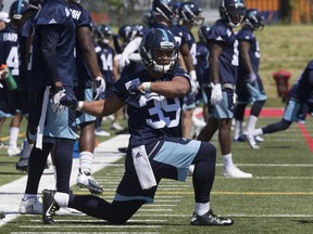 DB Matt Black stretches during the Toronto Argonauts' training camp at York University,  in Toronto, Ont. on Tuesday May 30, 2017. Stan Behal/Toronto Sun/Postmedia Network