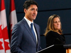 Prime Minister Justin Trudeau and Minister of Foreign Affairs Chrystia Freeland speak at a press conference to announce the new USMCA trade pact between Canada, the United States, and Mexico in Ottawa, Oct. 1, 2018.