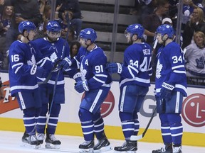 Leafs score on Friday September 28, 2018. The Toronto Maple Leafs hosted the Detroit Red Wings in the pre-season at the Scotiabank Arena in Toronto. (Veronica Henri/Toronto Sun)