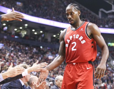 Toronto Raptors forward Kawhi Leonard (2) in the home opener in Toronto, Ont. on Wednesday October 17, 2018. Toronto Raptors host the Cleveland Cavaliers at the Scotiabank Arena. (Veronica Henri/Toronto Sun/Postmedia Network)