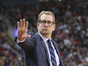 Raptors head coach Nick Nurse as Toronto hosts the Cleveland Cavaliers at the Scotiabank Arena in Toronto, Ont. on Wednesday October 17, 2018.
