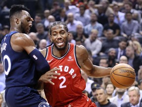 Toronto Raptors forward Kawhi Leonard (2) on Wednesday October 24, 2018. The Toronto Raptors host the Minnesota Timberwolves at the Scotiabank Arena in Toronto. Veronica Henri/Toronto Sun