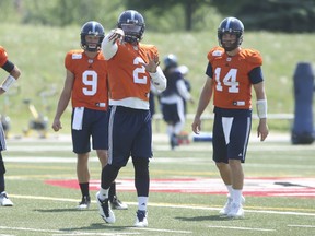 Having reclaimed the No. 1 QB job from McLeod Bethel-Thompson (right), James Franklin (middle), is expected to start the Argos’ final three games of the season while second-year third-stringer Dakota Prukop (left) should finally see some live action, as well.   Jack Boland/Toronto Sun