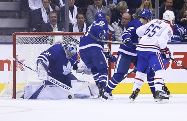 Toronto Maple Leafs Frederik Andersen G (31) makes a save in tight during the first period in Toronto on Wednesday October 3, 2018. Jack Boland/Toronto Sun/Postmedia Network