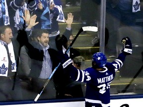 Toronto Maple Leafs center Auston Matthews (34) scores the winning goal in overtime on Wednesday October 3, 2018.The Toronto Maple Leafs host the Montreal Canadiens at the ScotiaBank Arena in Toronto.Veronica Henri/Toronto Sun/Postmedia Network