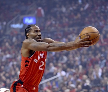 iToronto Raptors forward Kawhi Leonard (2)n Toronto, Ont. on Wednesday October 17, 2018. Toronto Raptors host the Cleveland Cavaliers at the Scotiabank Arena.  (Veronica Henri/Toronto Sun/Postmedia Network)