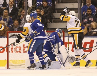 Pittsburgh Penguins Evgeni Malkin C (71) scores on the power play against Toronto Maple Leafs Frederik Andersen G (31) during the first period in Toronto on Thursday October 18, 2018. Jack Boland/Toronto Sun/Postmedia Network