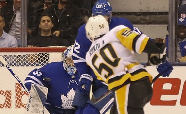 Pittsburgh Penguins Juuso Riikola D (50) fires a puck through the slot at Toronto Maple Leafs Frederik Andersen G (31) during the third period in Toronto on Thursday October 18, 2018. Jack Boland/Toronto Sun/Postmedia Network