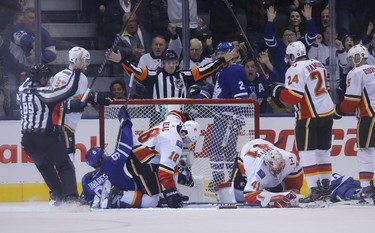 The referee waves off the possible goal at the end of  the second period in Toronto on Monday October 29, 2018. Jack Boland/Toronto Sun/Postmedia Network